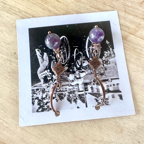 Hand crafted Amethyst Bead Earrings with Copper Accents on Copper Ear Wires - Picture 4 of 4